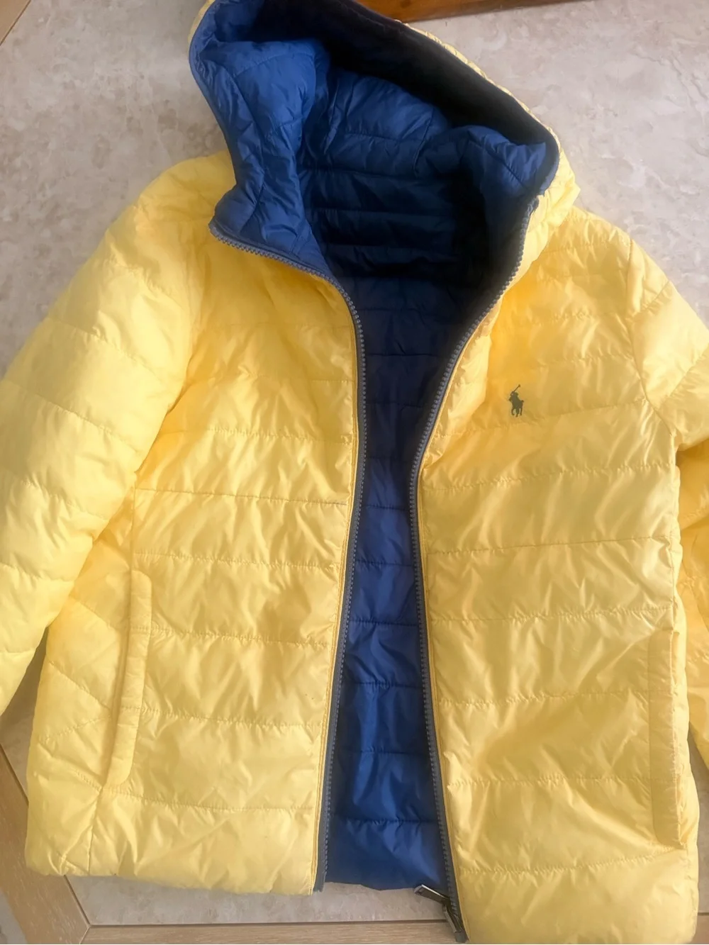 Ralph Lauren Kids Yellow Puffer Jacket with Navy Hood Lining